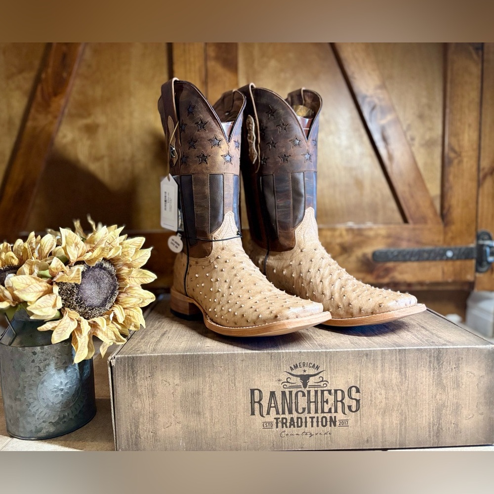 Mens exotic full quill ostrich, wide square toe, RANCHERS brand made in texas